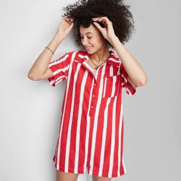 Romper Red White Striped Short Sleeve Ascot+Hart M Terry Jumpsuit Pocket Utility - Picture 1 of 11